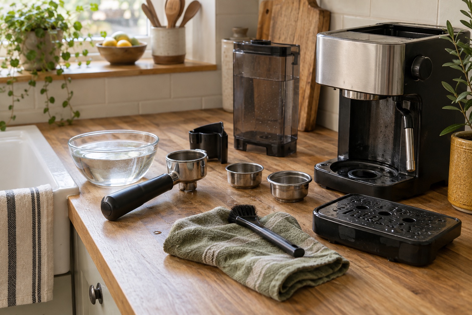 Unbranded coffee machine parts, water, cloth and cleaning brush arranged safely on a kitchen worktop.