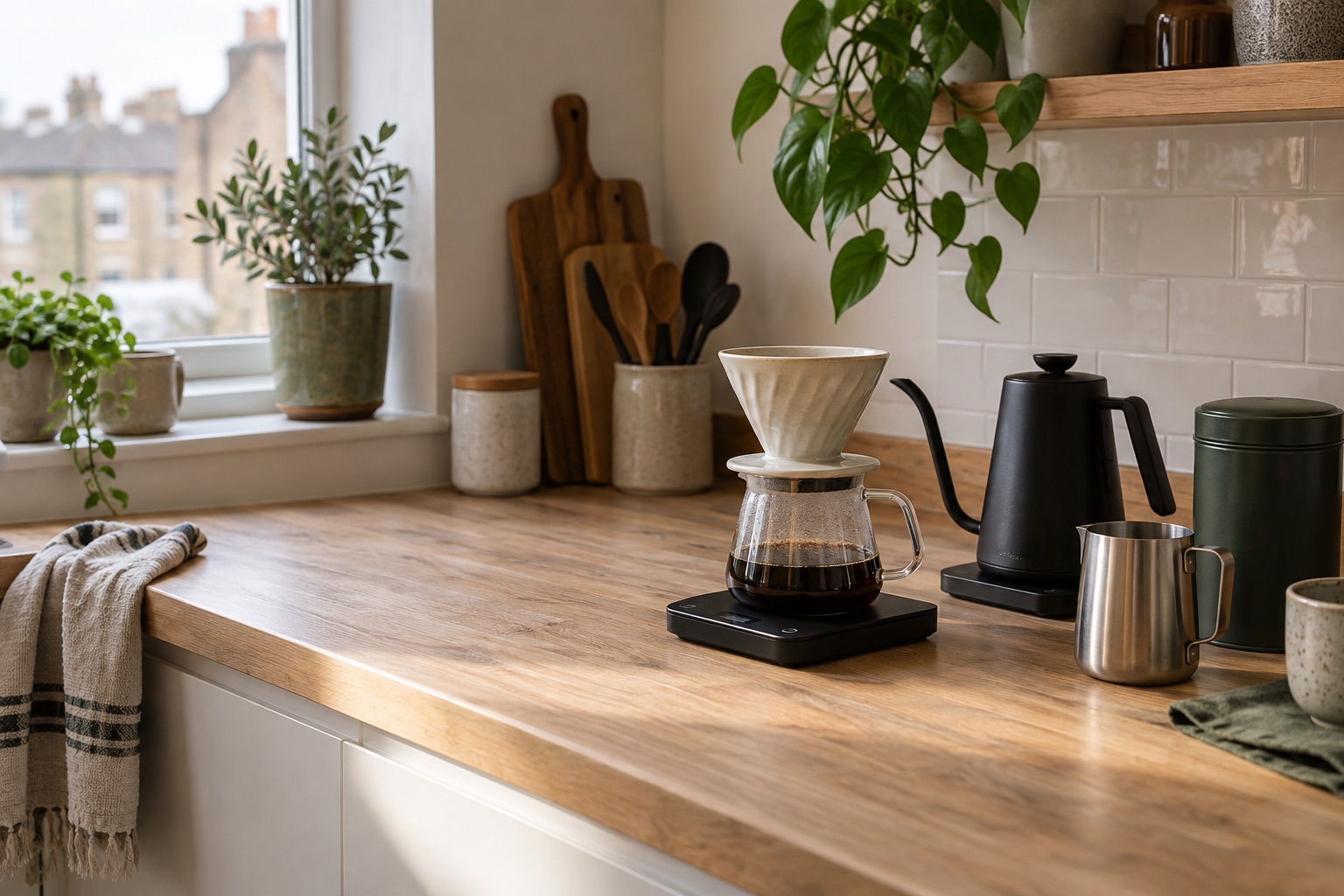 Practical coffee scales, kettle, jug and bean canister on a home worktop.