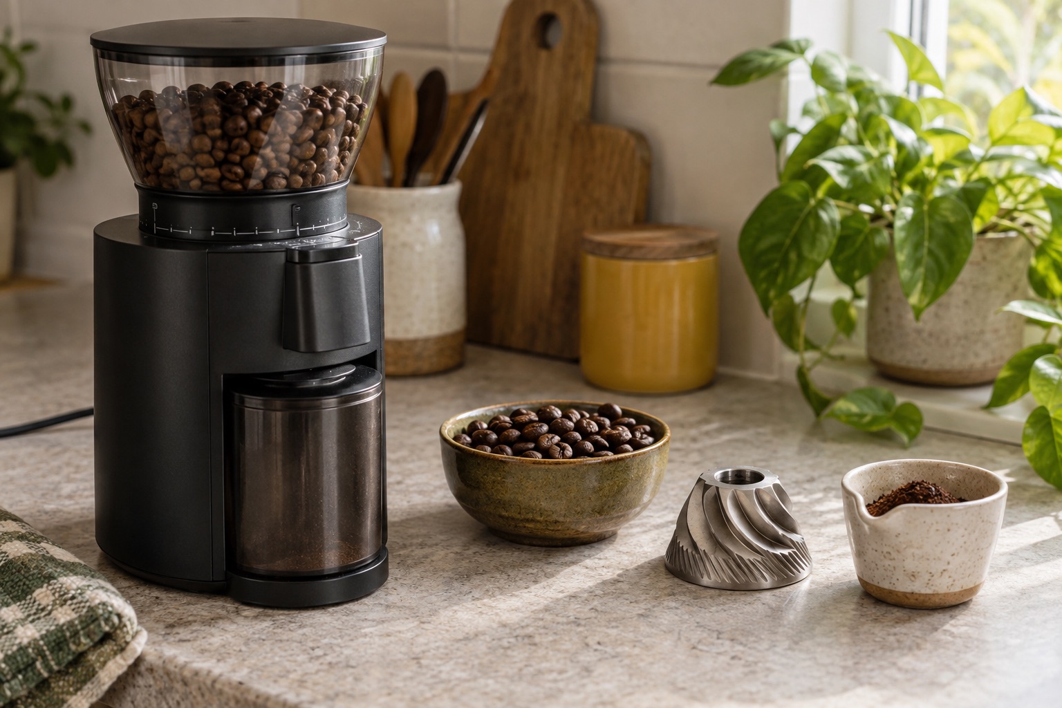 Unbranded burr grinder with coffee beans, burr and dosing cup.