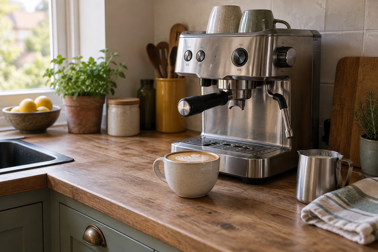 Unbranded espresso machine, cup and milk jug on an ordinary kitchen worktop.