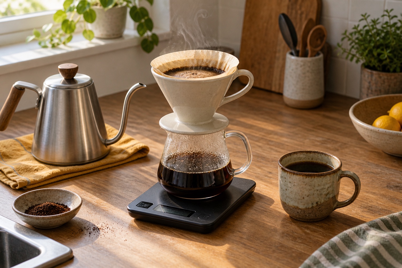 Ceramic pour-over dripper, glass server, kettle and scales in a home kitchen.