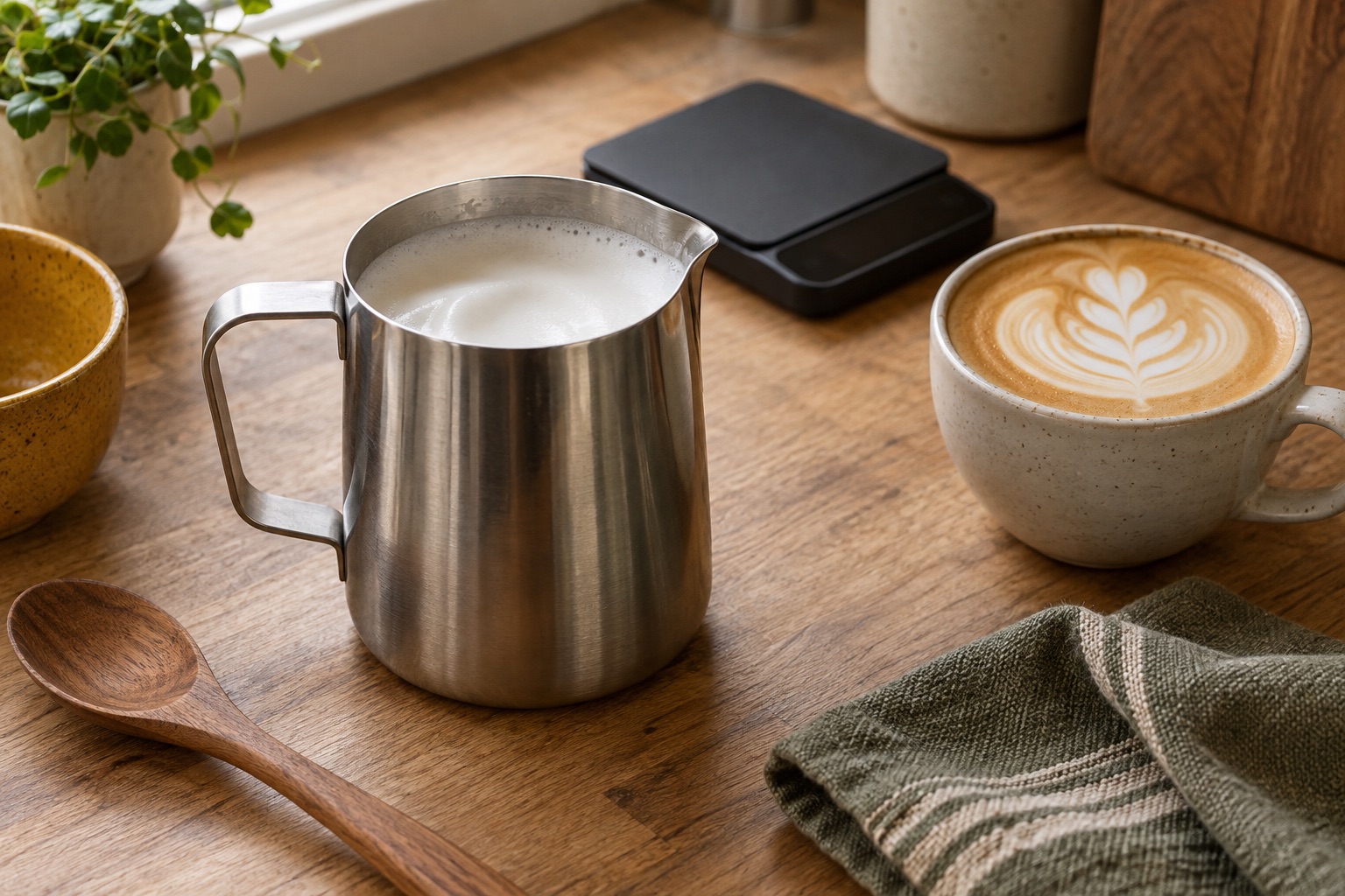 Milk jug, flat white, coffee scales and cloth on a wooden worktop.