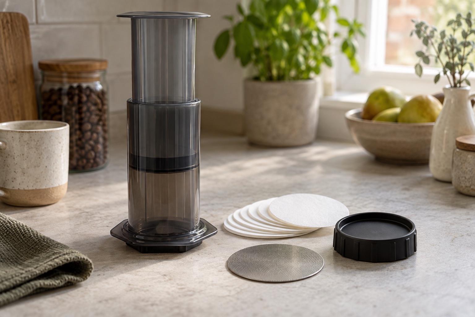 Generic hand-pressure brewer with circular paper and metal filters and a separate cap on a kitchen counter.