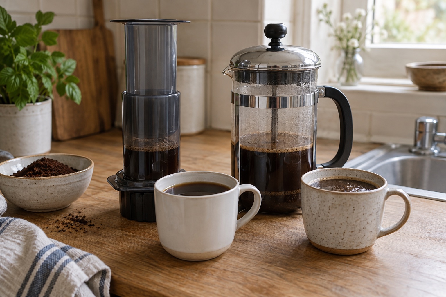 Generic press brewer and glass cafetière with two cups on a kitchen counter.