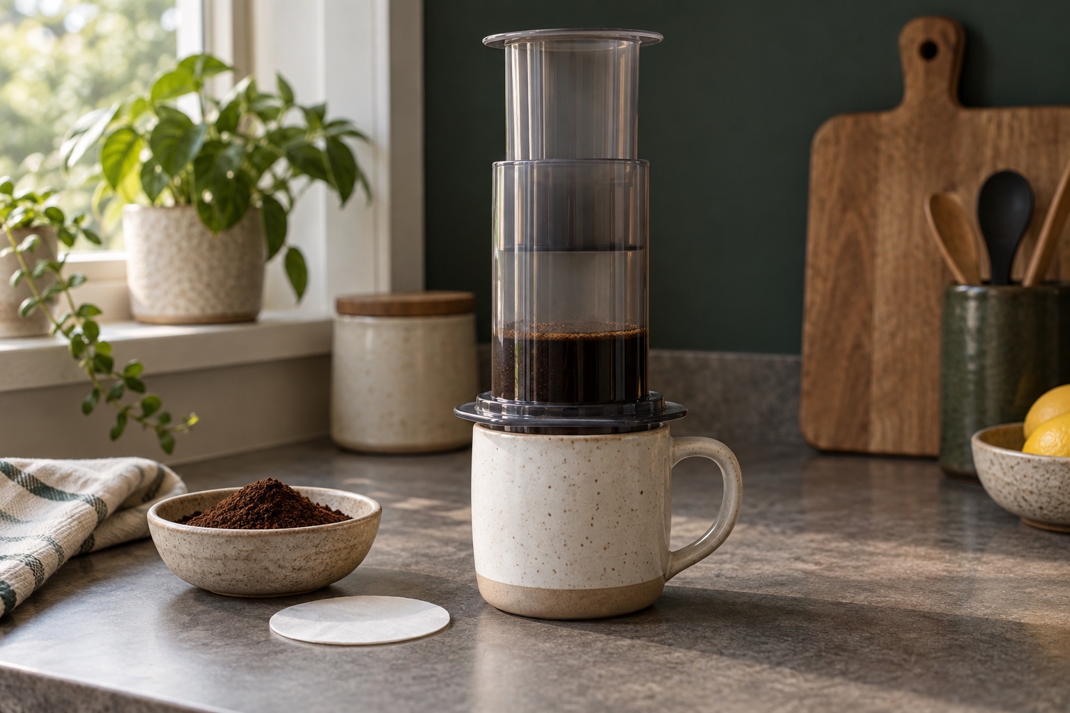 Generic upright manual coffee press on a sturdy ceramic mug beside ground coffee and a paper filter disc.