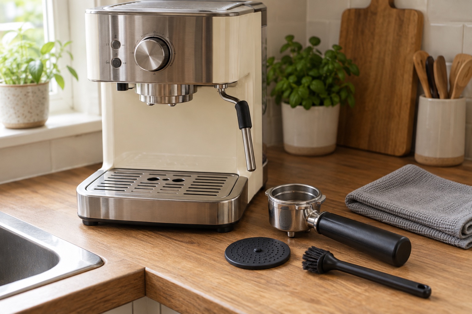 Unbranded espresso machine with detached portafilter, cleaning disc, brush and dry cloth.