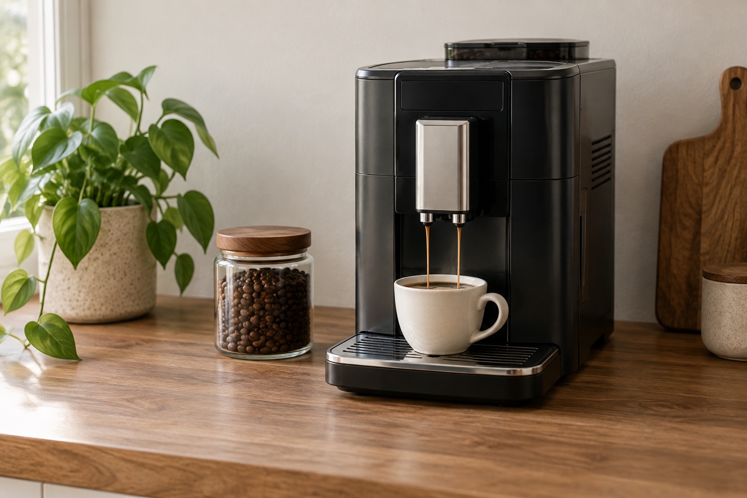 Unbranded bean-to-cup machine making a short black coffee in a home kitchen.