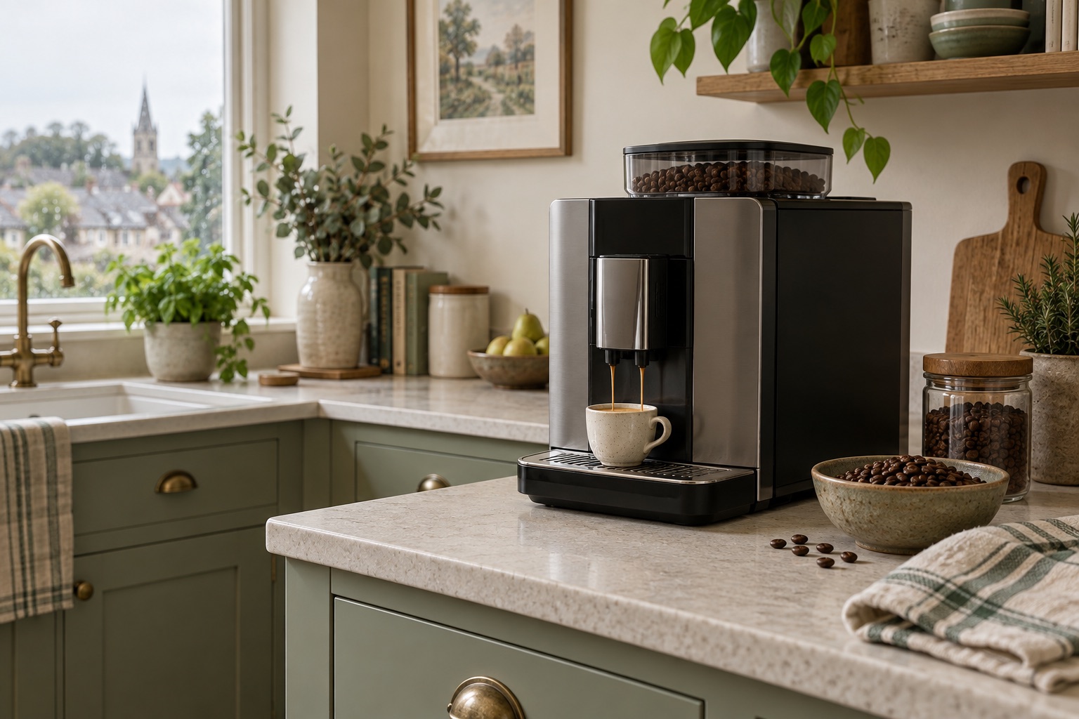 Unbranded bean-to-cup machine dispensing coffee in a home kitchen.