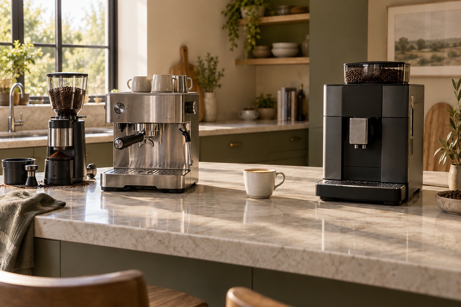 Generic bean-to-cup and manual espresso setups side by side on a home kitchen counter.