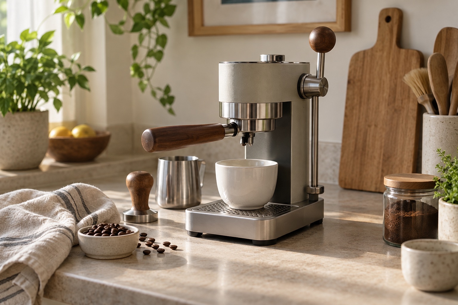 A generic unbranded manual espresso machine ready for a first home coffee setup.