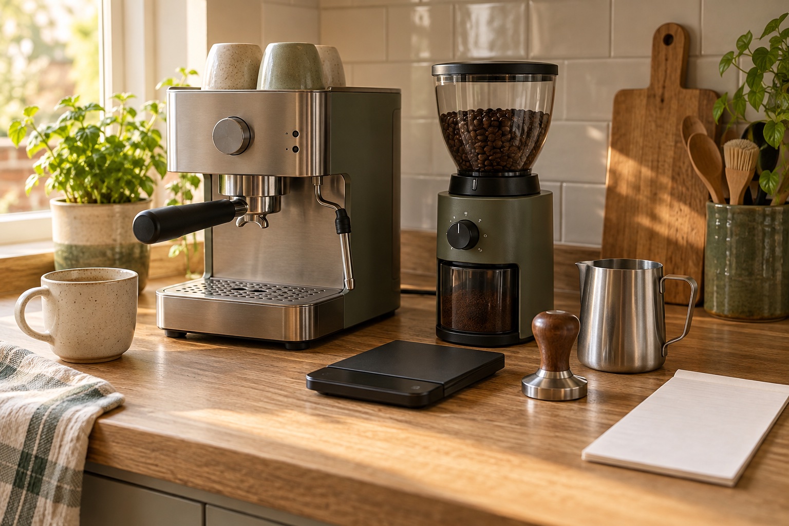 Generic unbranded espresso machine, grinder, scales and milk jug arranged as a home setup.