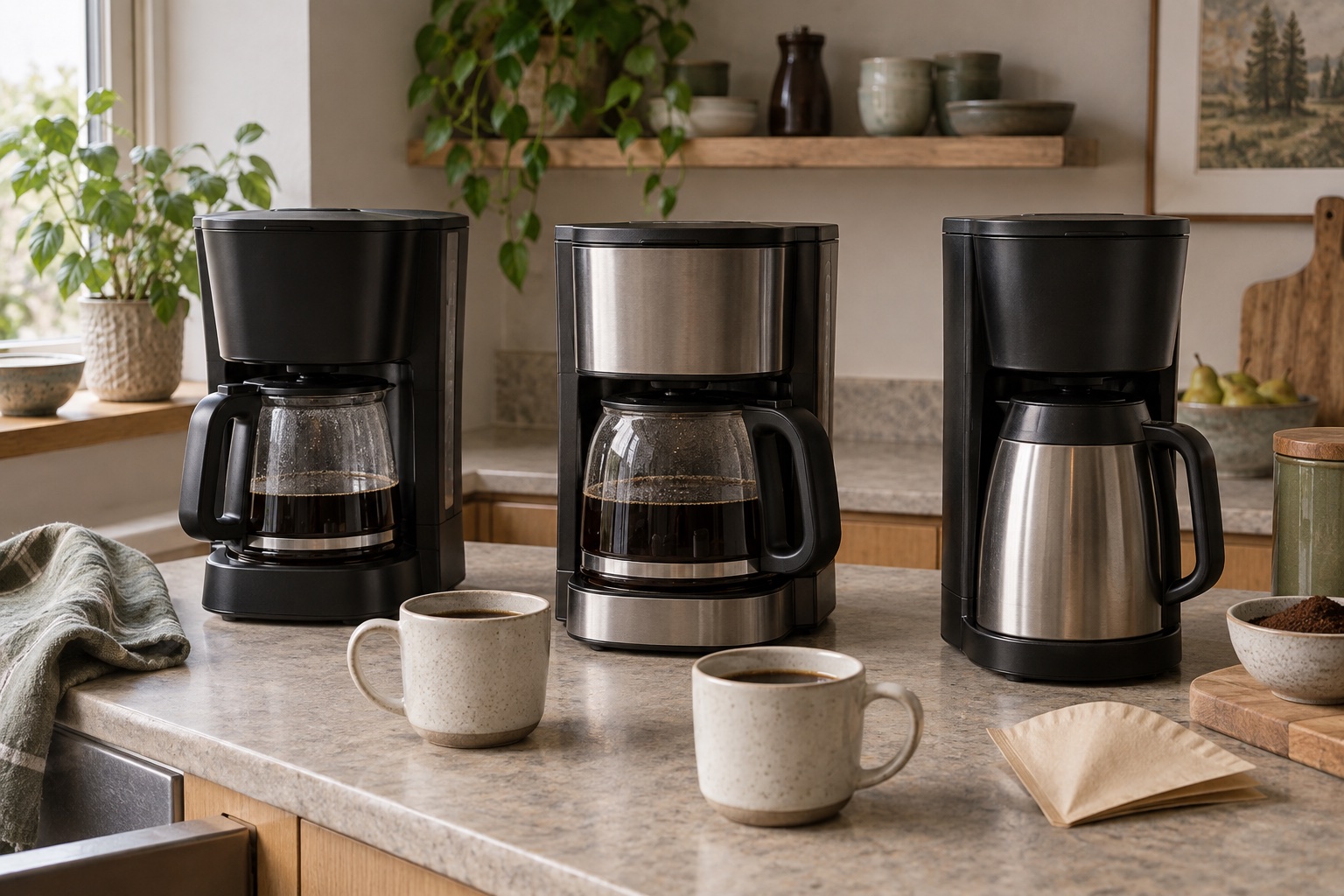 Three generic automatic filter brewers with glass and thermal jugs on a home kitchen worktop.