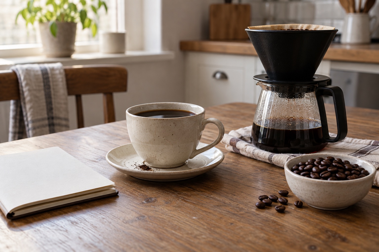Black coffee and roasted beans beside a filter brewer and a blank tasting notebook.