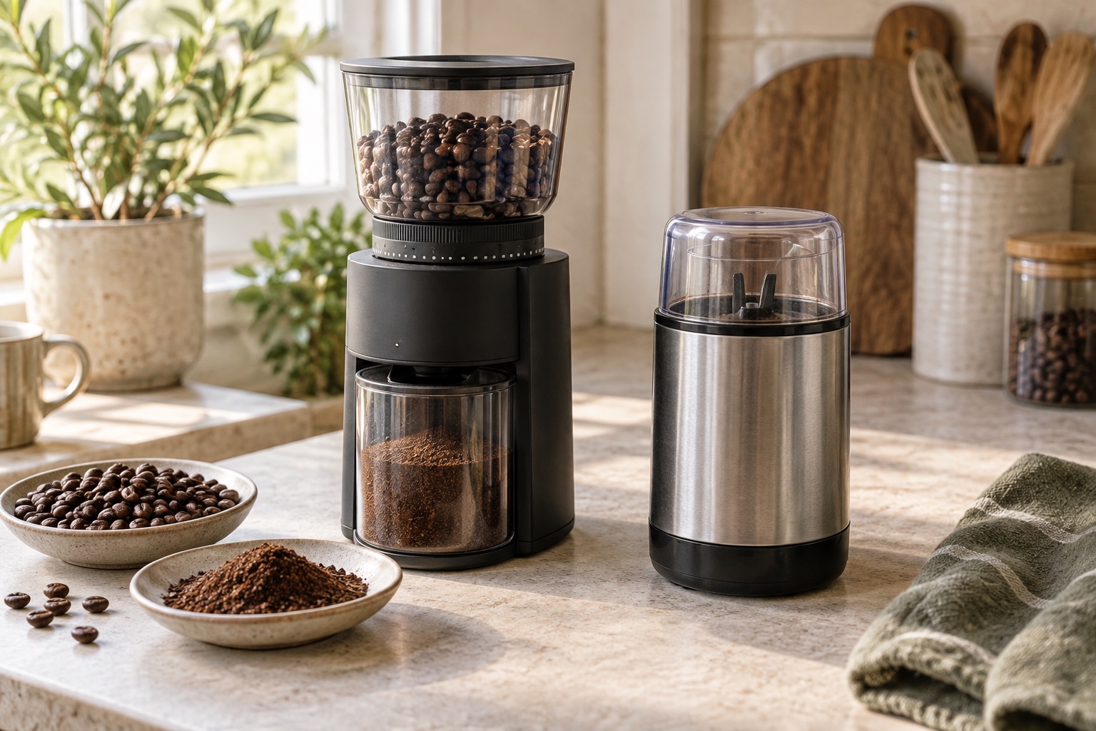 Unbranded burr and blade coffee grinders beside beans and ground coffee on a kitchen worktop.