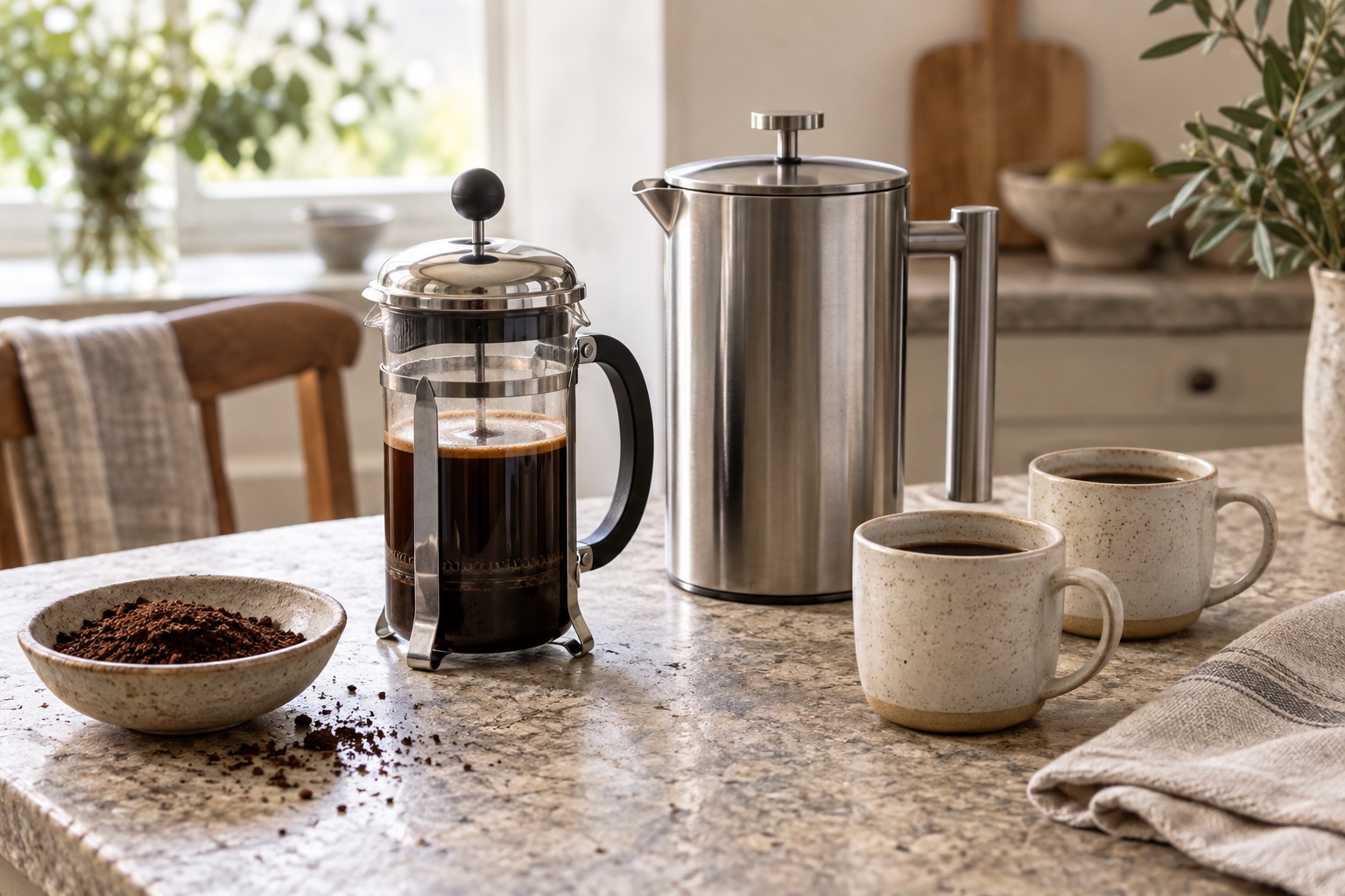 Glass and stainless steel cafetières with two cups on a home kitchen table.