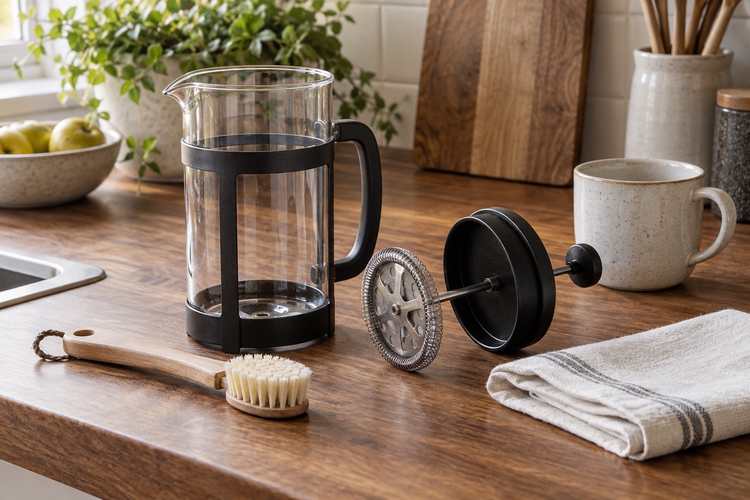 Glass cafetière beside its separated metal-mesh plunger, soft brush and cloth.