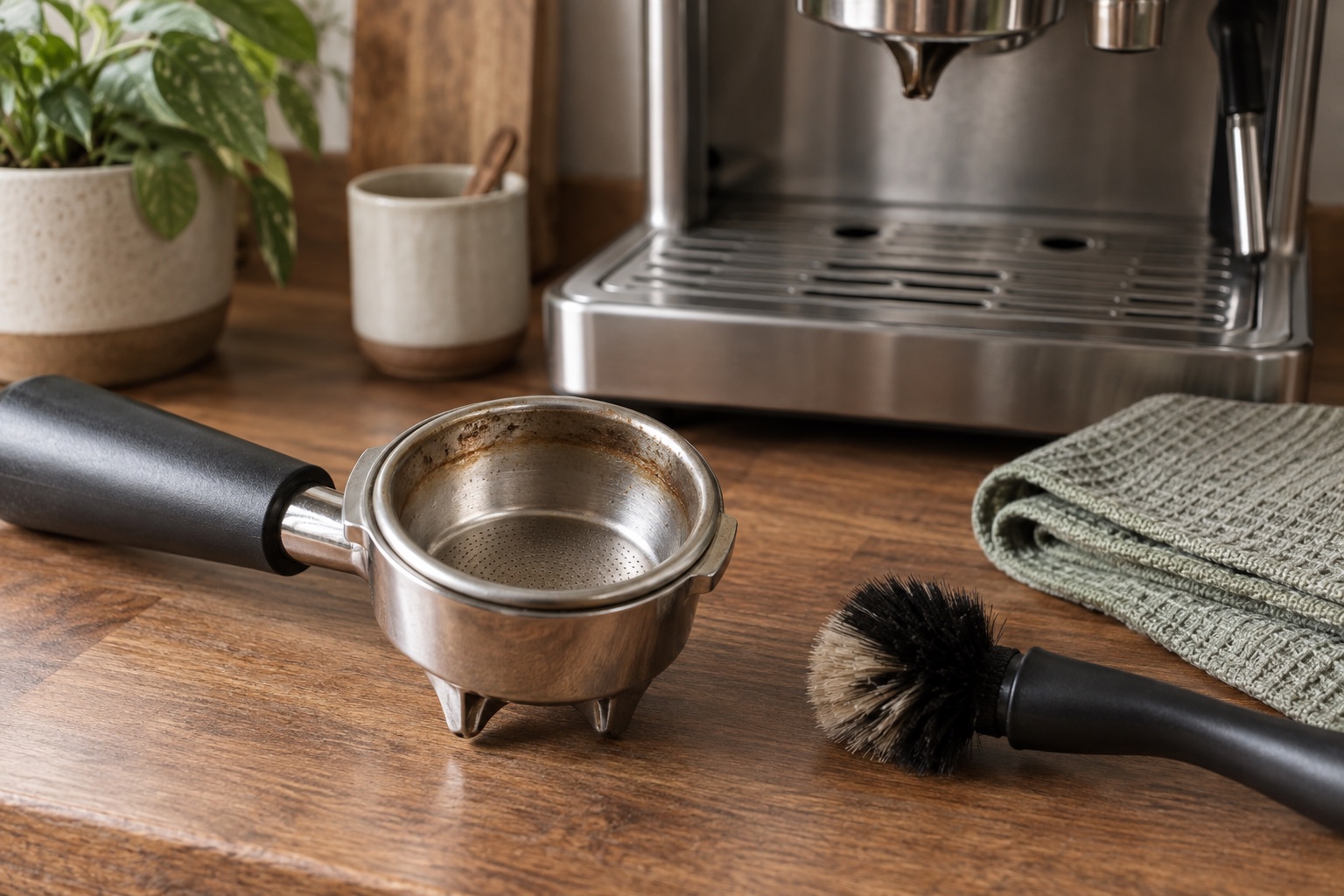 Espresso portafilter basket with a light ring of coffee-oil residue beside a soft brush and cloth.