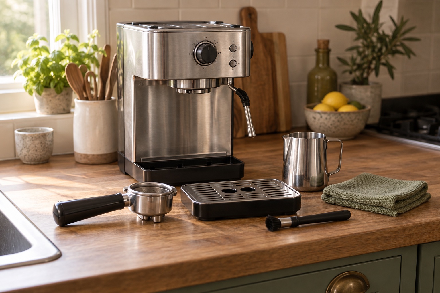 Coffee machine, removable tray, portafilter, brush and clean cloth arranged for routine care.