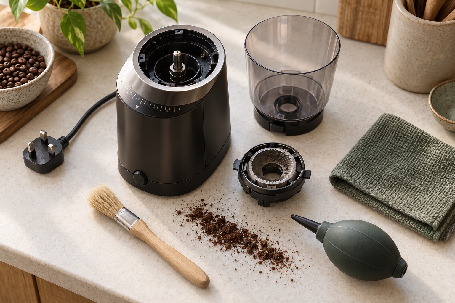 An unplugged unbranded burr grinder with its empty hopper removed beside a dry brush, cloth and air blower.