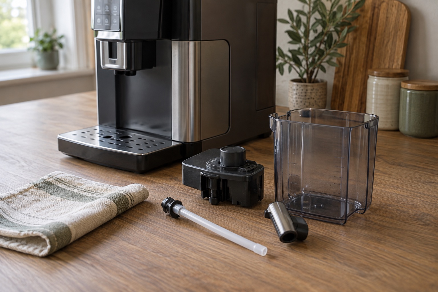 Automatic coffee machine beside a dismantled milk-carafe vessel, lid, tube and spout.