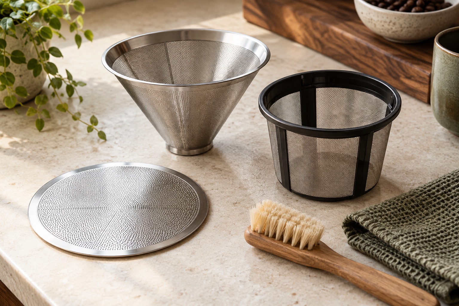 Three types of reusable metal coffee filter with a soft cleaning brush on a kitchen counter.