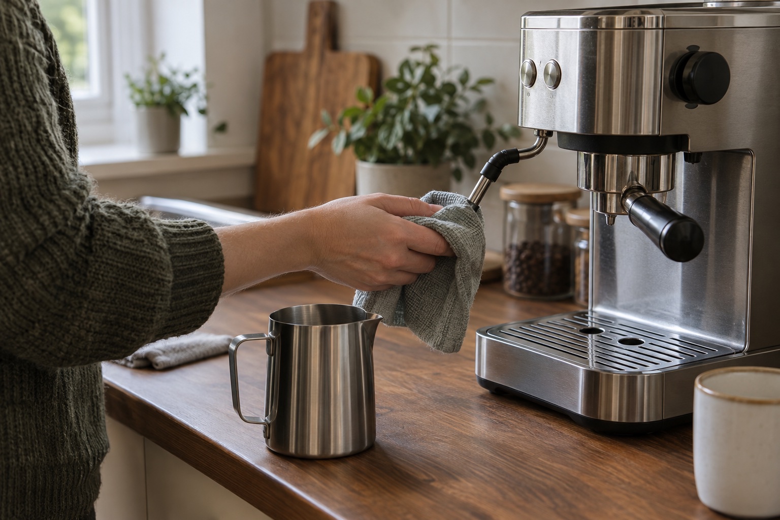 Steam wand on a home espresso machine being wiped with a dedicated cloth.
