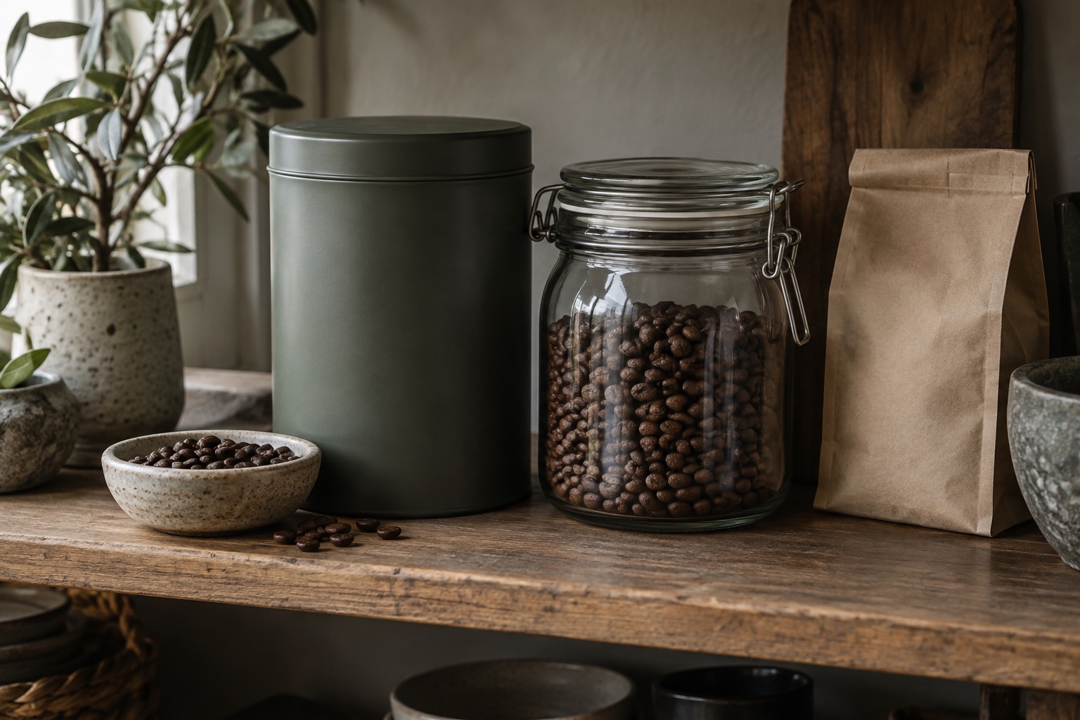 Opaque coffee canister and sealed glass jar with beans and an unmarked paper bag.