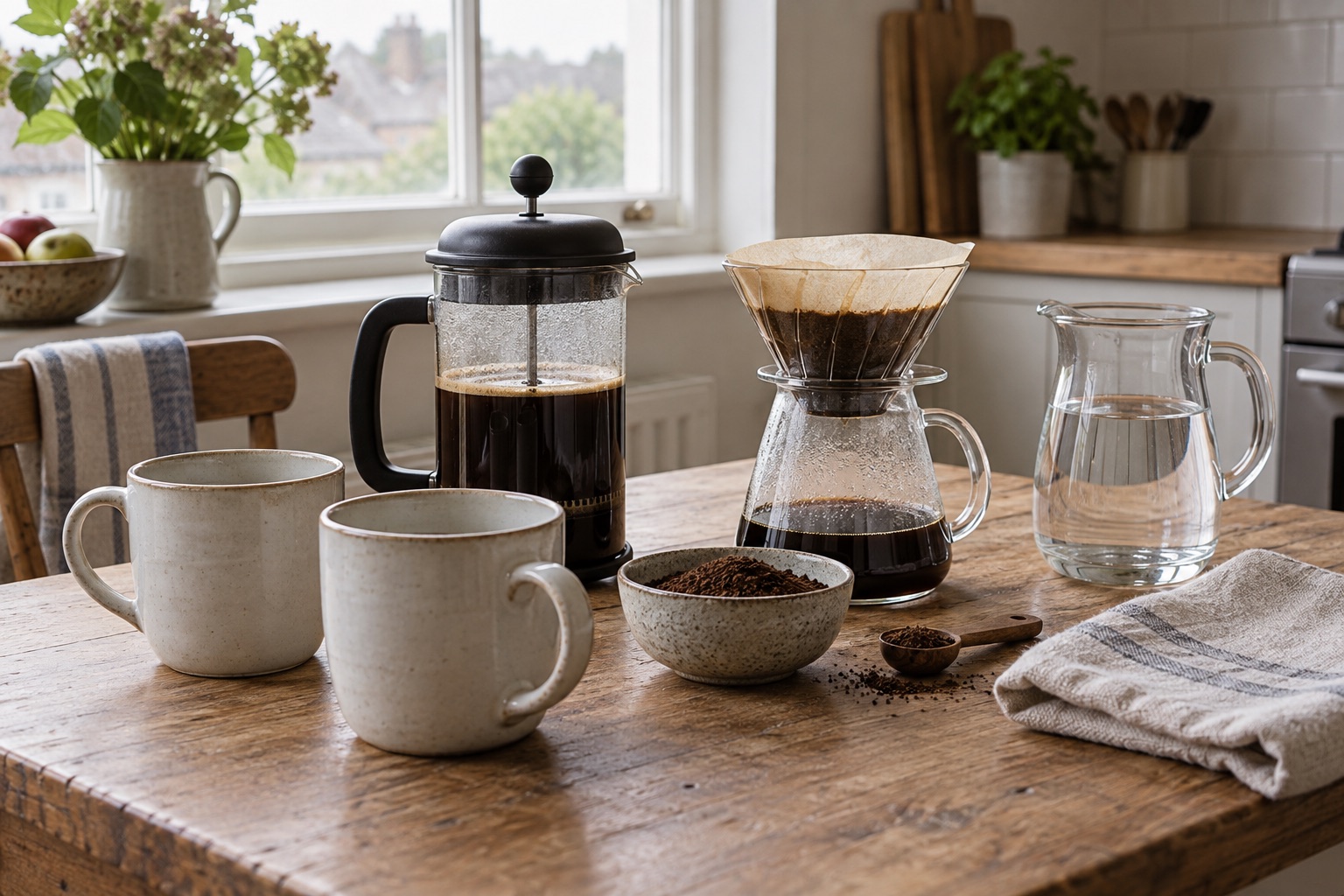 Two plain coffee mugs with a cafetière and separate filter-coffee server on a breakfast table.
