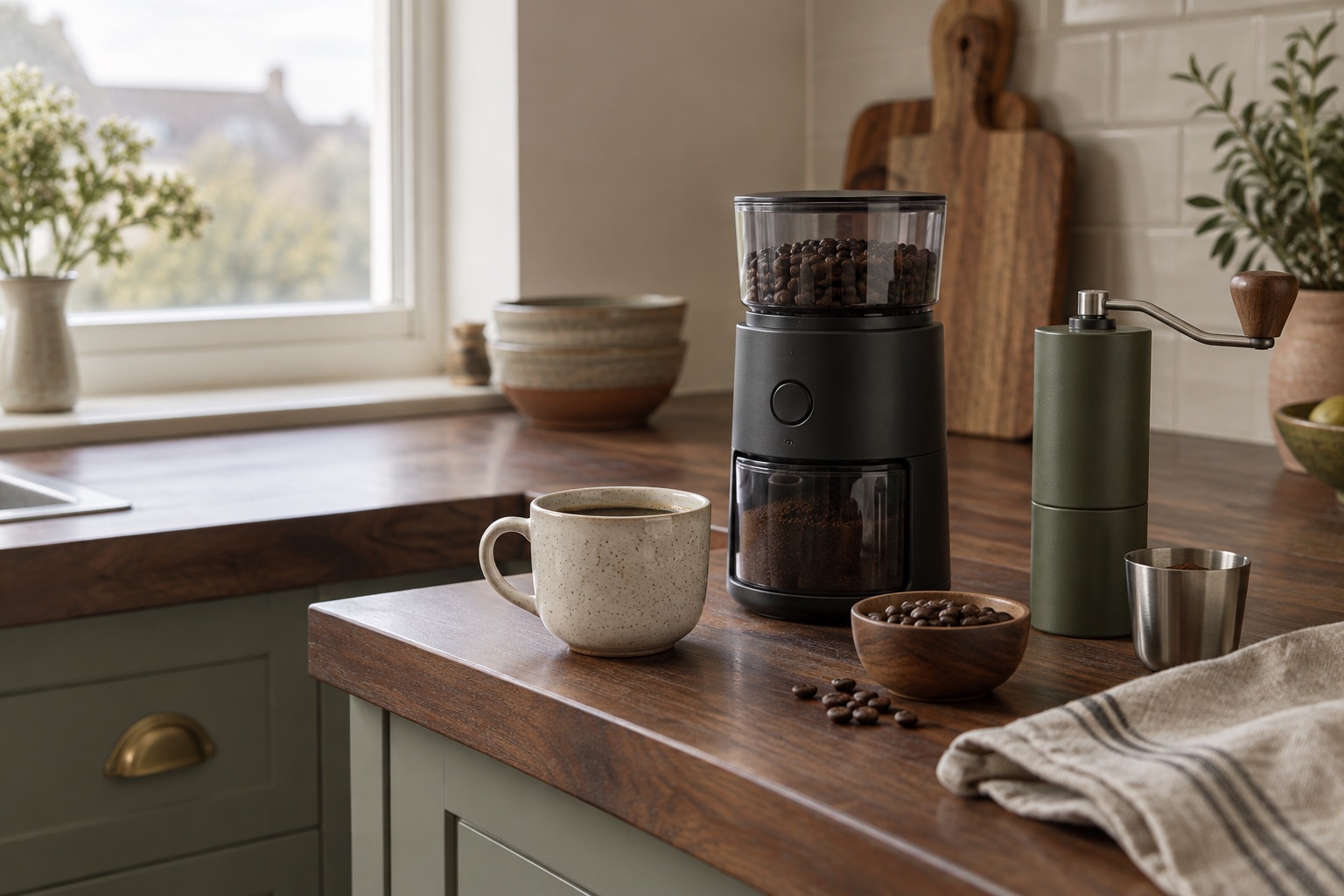 An unbranded electric burr grinder and hand grinder arranged with coffee on a warm kitchen worktop.