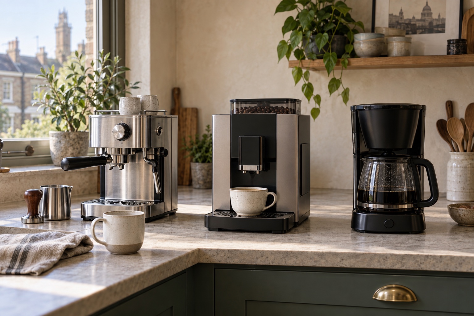 Unbranded manual espresso, bean-to-cup and filter machines on a home kitchen counter.