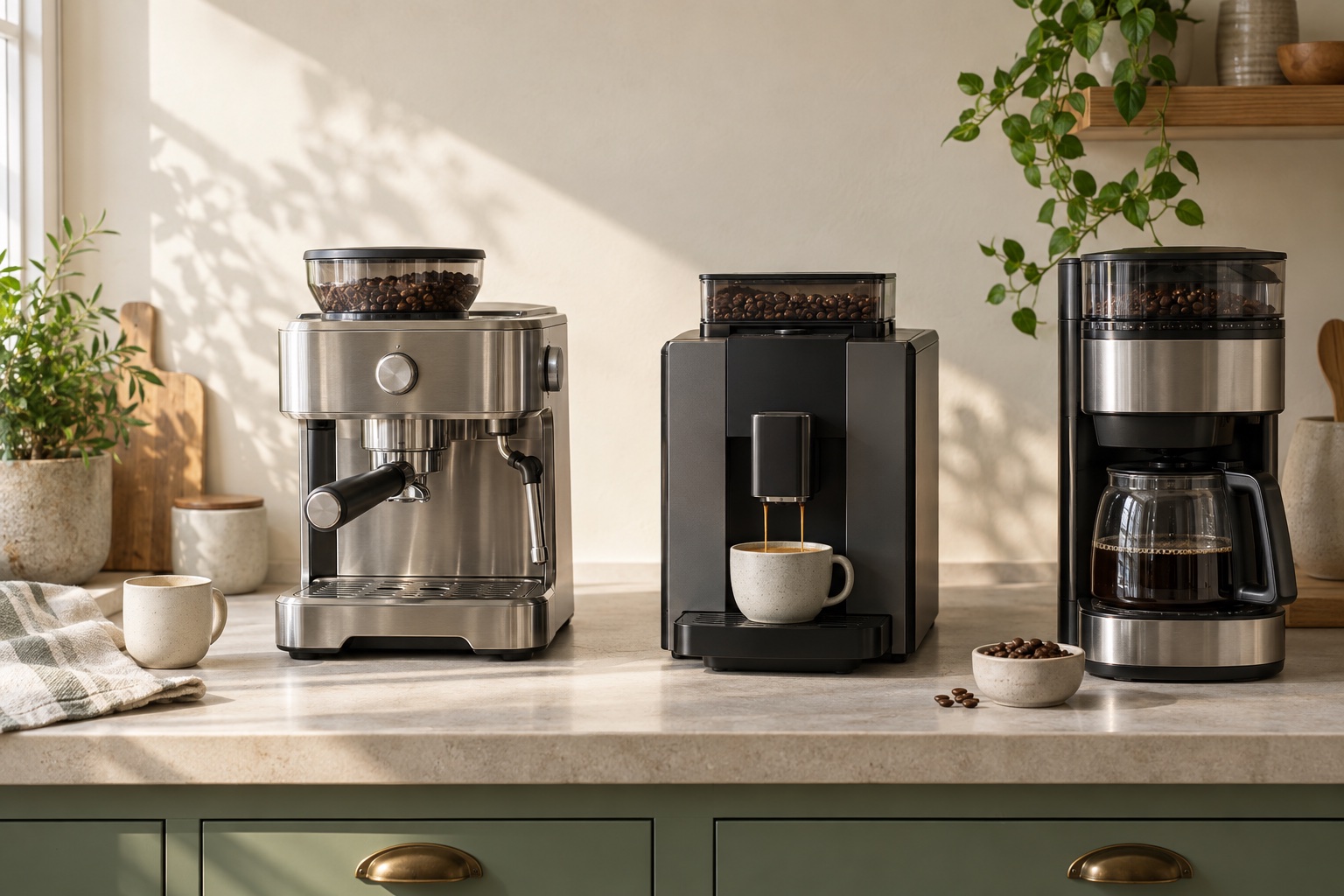 Three generic unbranded coffee machines with built-in bean hoppers in a warm home kitchen.