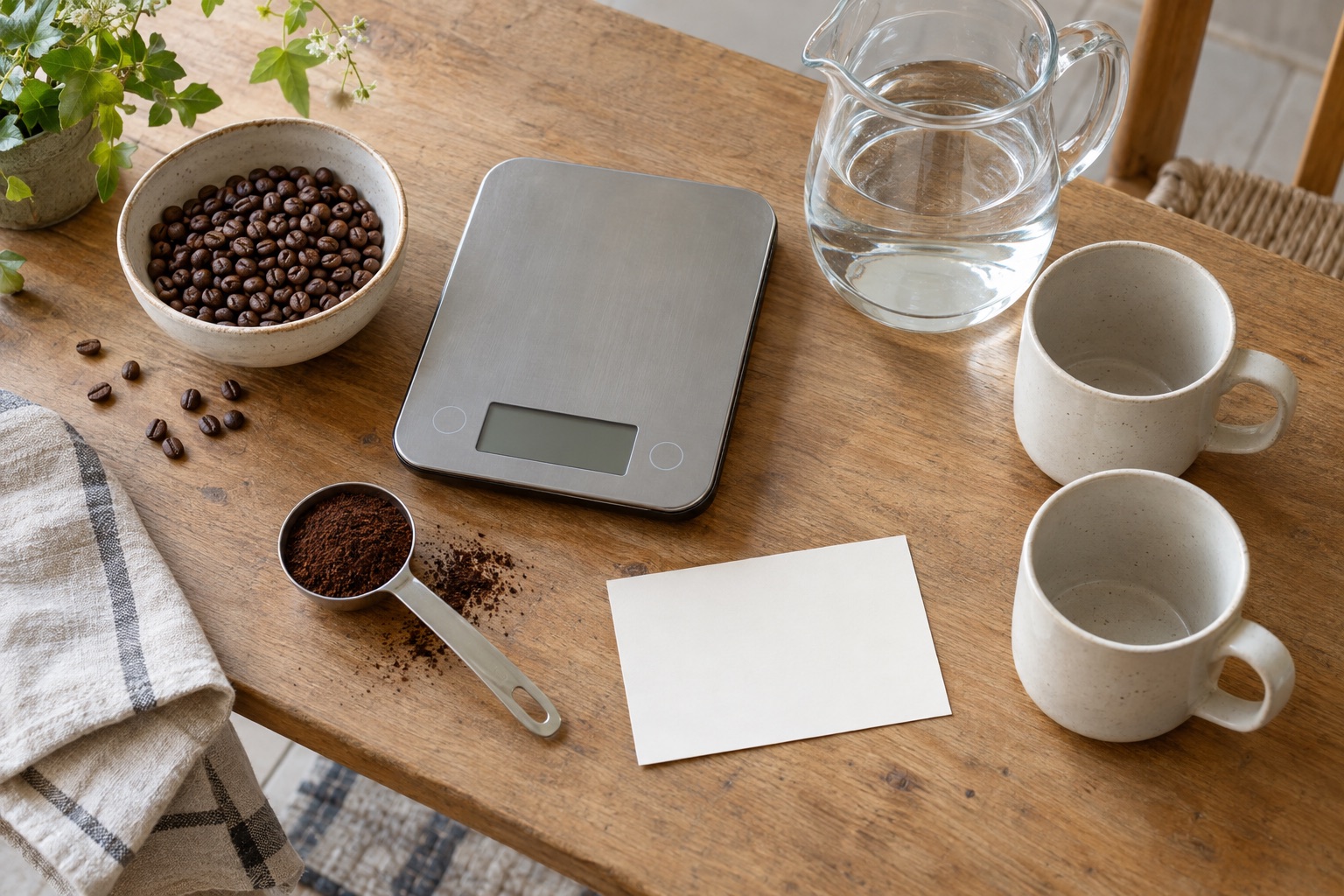 Coffee beans, grounds, water jug and blank digital scales laid out for measuring a brew.