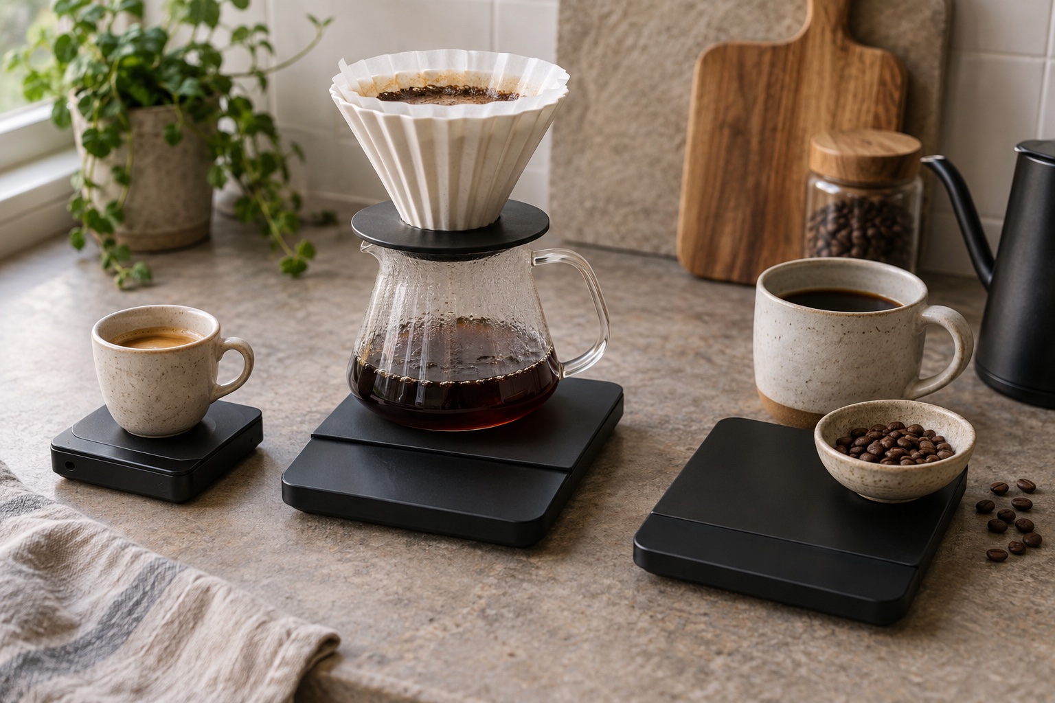 Three unbranded coffee scales beside an espresso cup and a pour-over server.