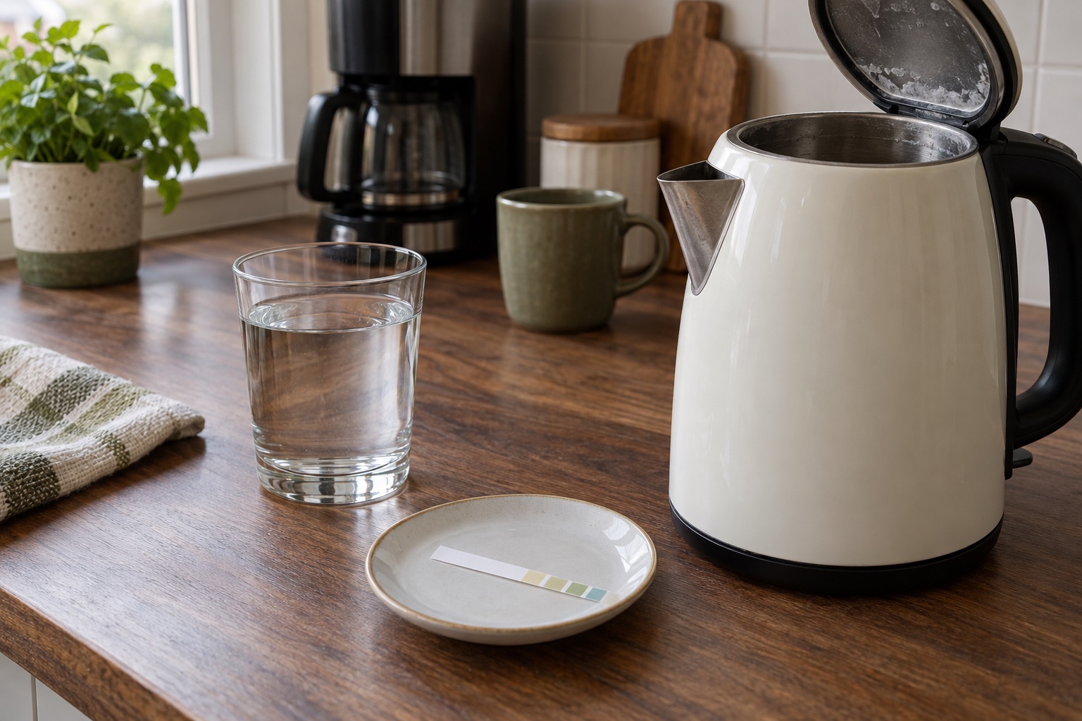 Glass of water, kettle with visible mineral deposit and a water-hardness test strip.