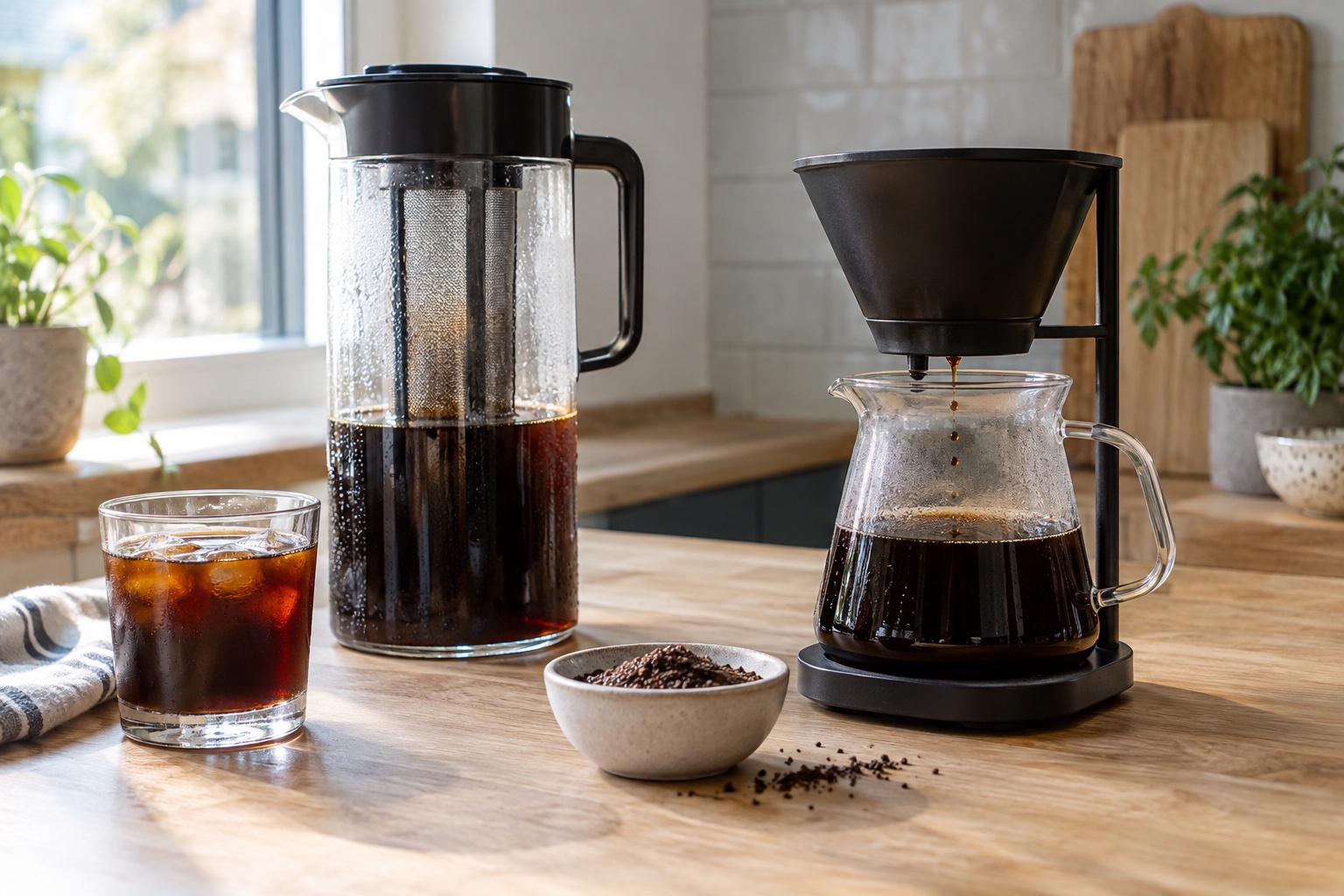 Clear cold-brew pitcher and a countertop slow-drip brewer beside an iced coffee.