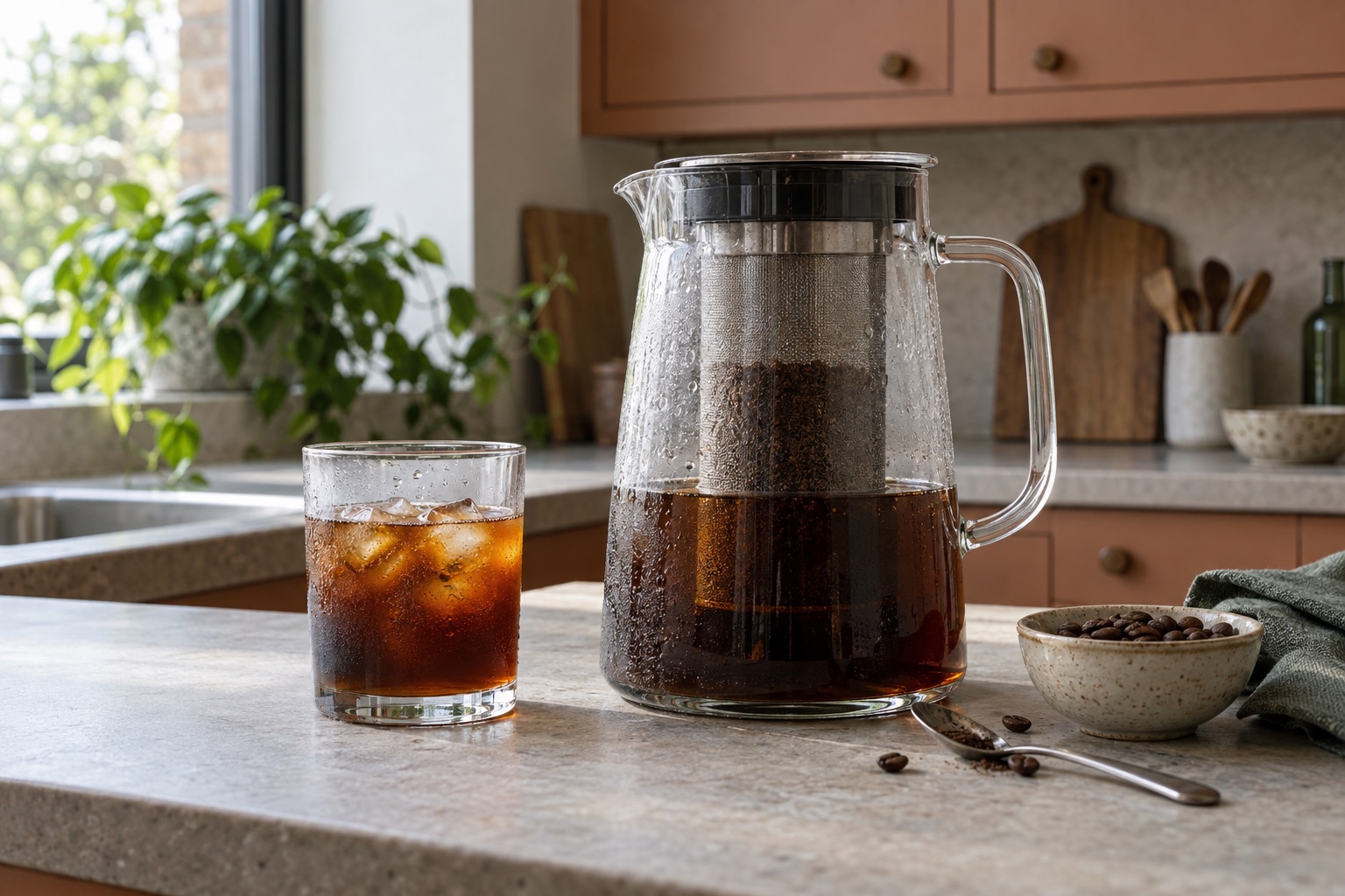 Clear glass cold-brew pitcher with immersed coffee grounds and a small glass of iced coffee in a home kitchen.
