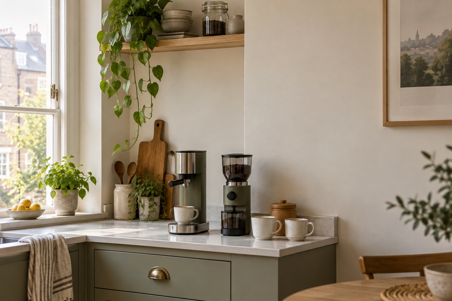 A generic slim espresso machine and grinder arranged on a narrow home kitchen worktop.