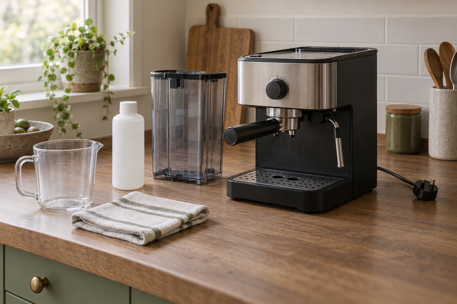 Unbranded espresso machine with its water tank, closed descaler bottle and jug prepared on a kitchen worktop.