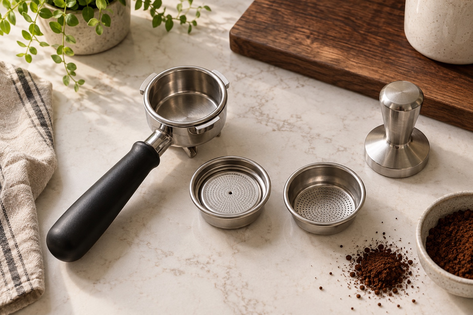 Portafilter and two illustrative basket types ready for espresso preparation.