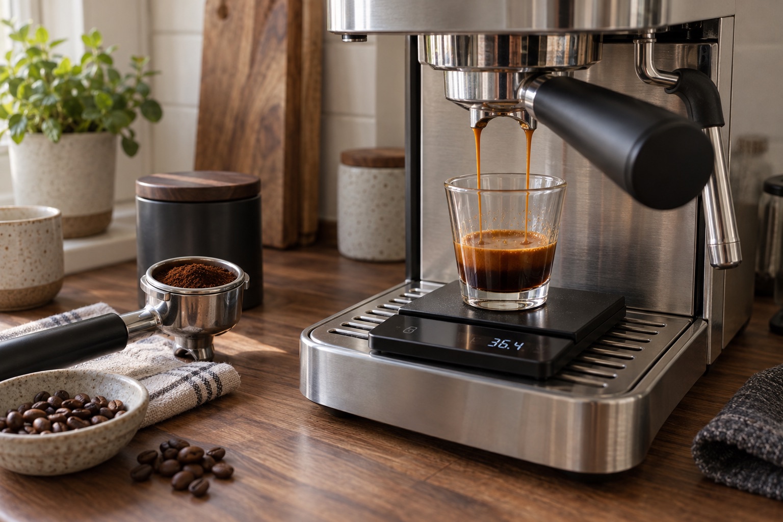 Illustrative espresso stream falling into a cup on a scale beneath a generic machine.