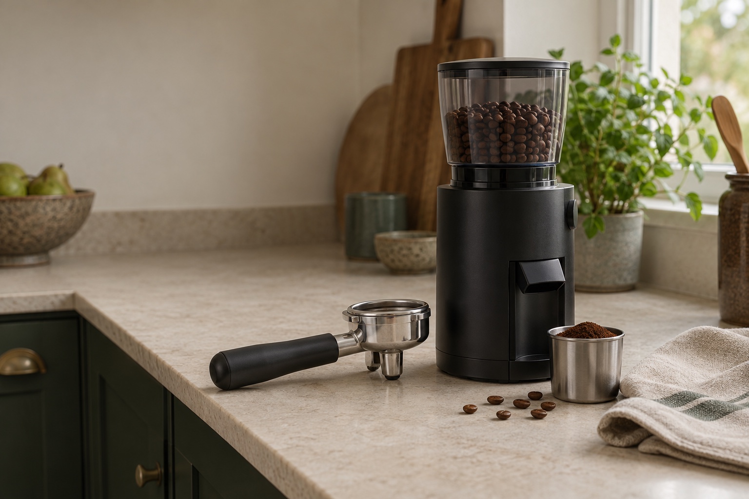 An unbranded black espresso grinder beside a portafilter and metal dosing cup in a warm home kitchen.