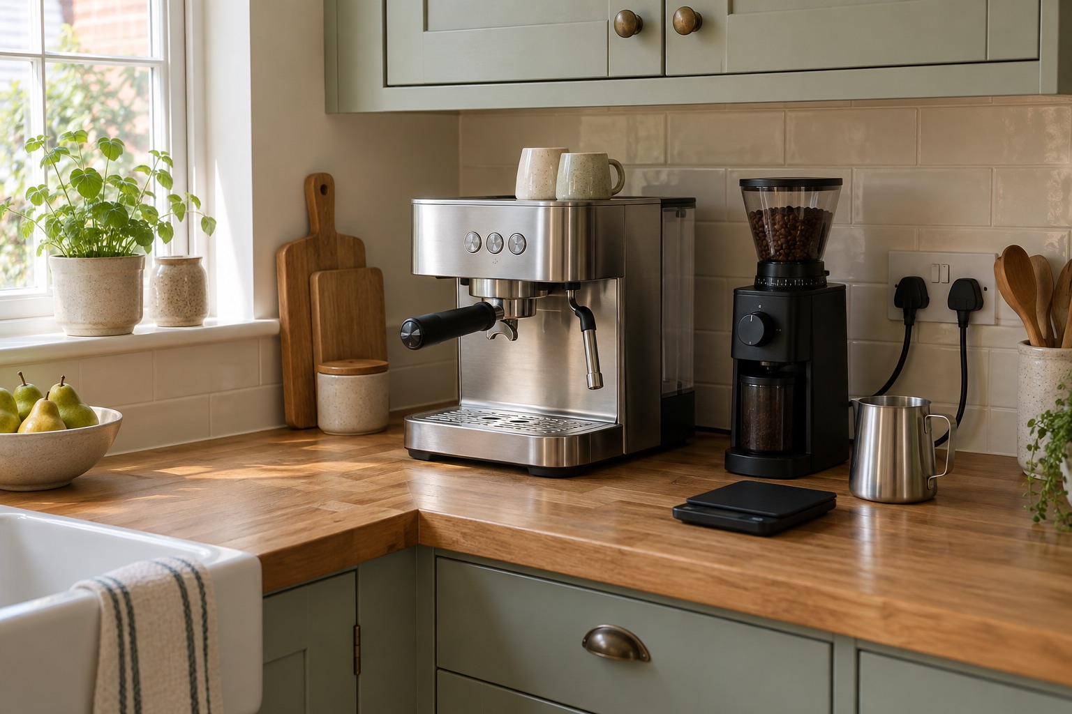 Unbranded espresso machine and grinder arranged beneath a kitchen cabinet.