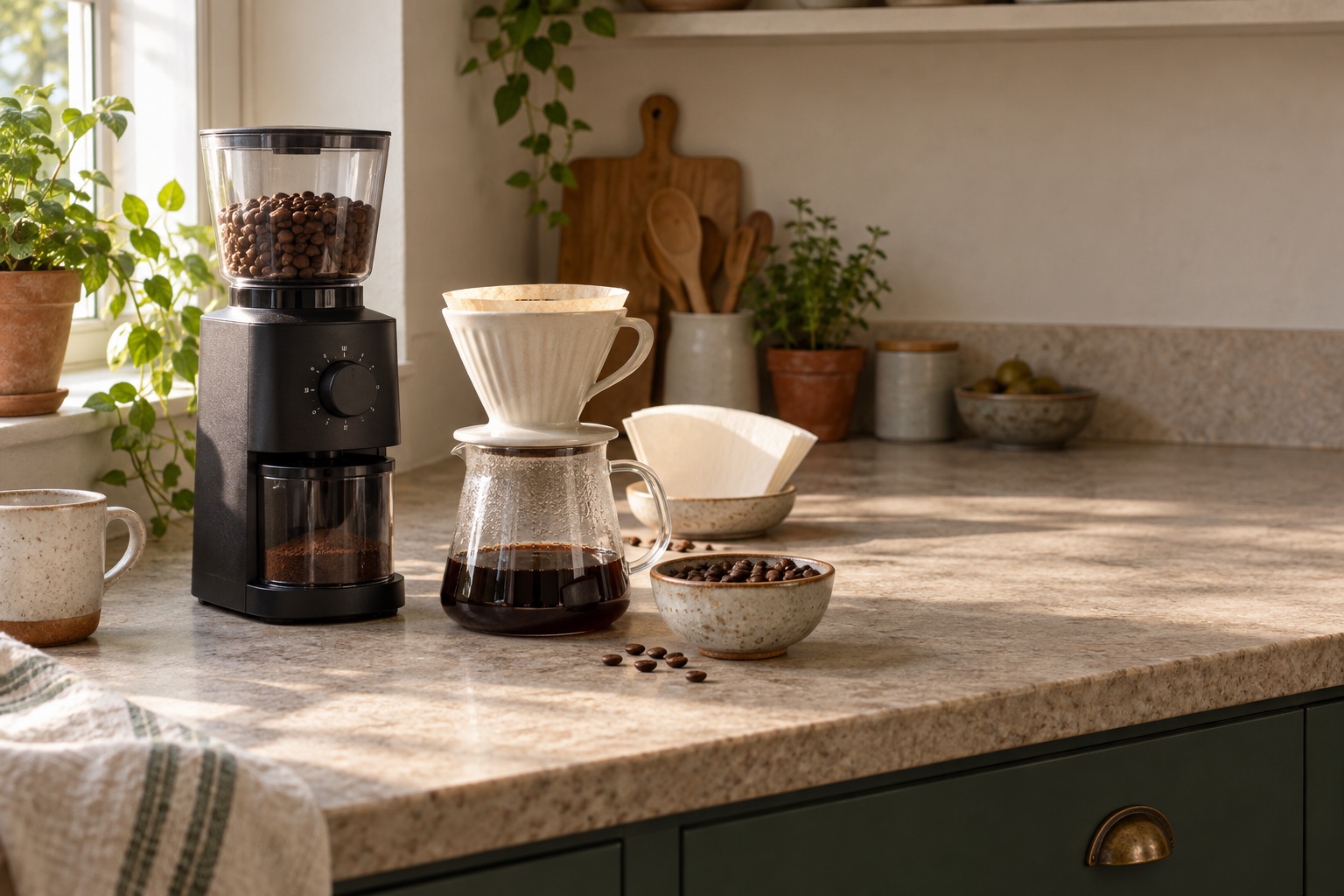 An unbranded electric burr grinder beside a ceramic pour-over dripper and glass coffee server.