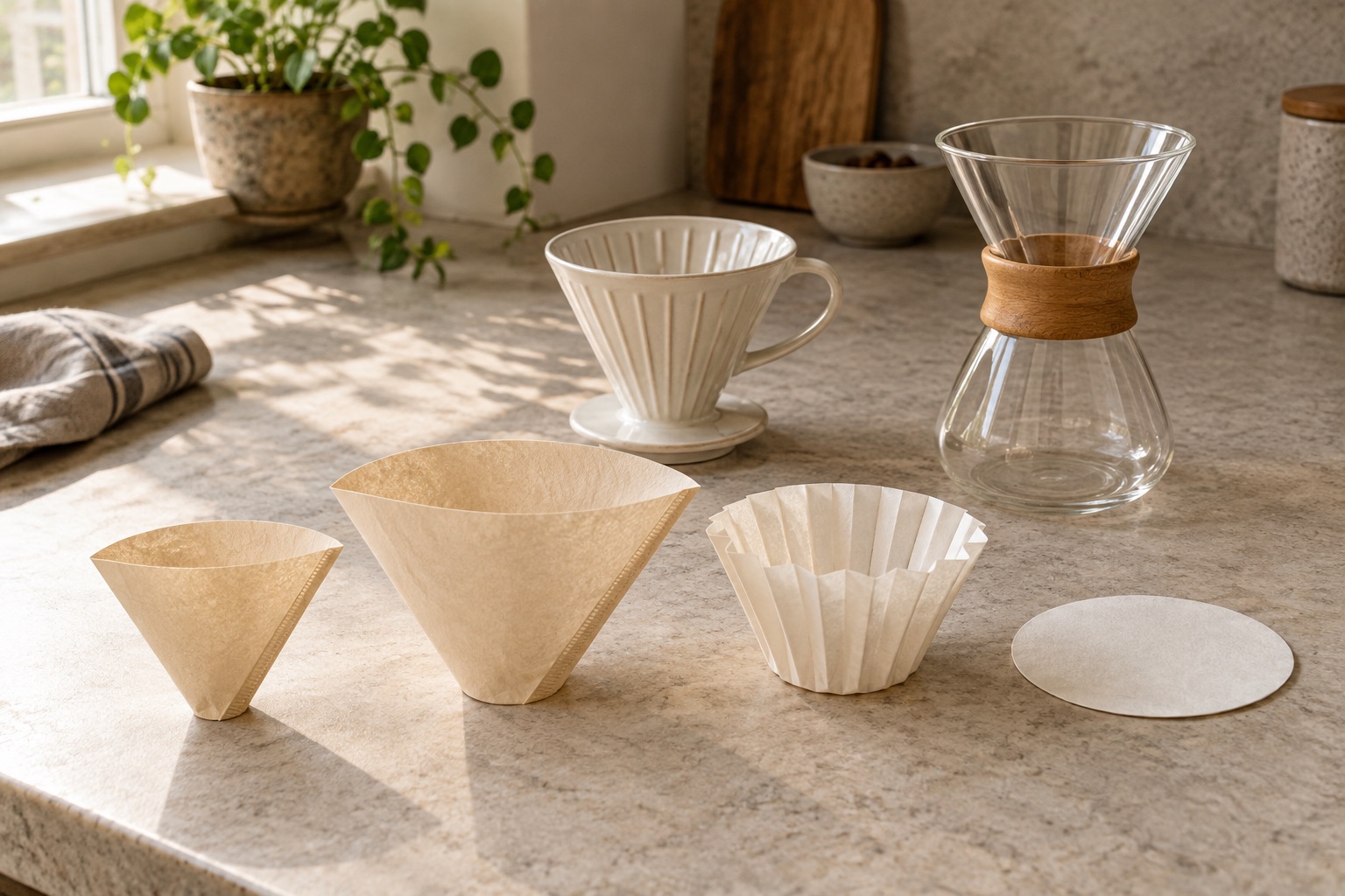 Generic cone, basket and circular coffee filter papers beside manual brewers.