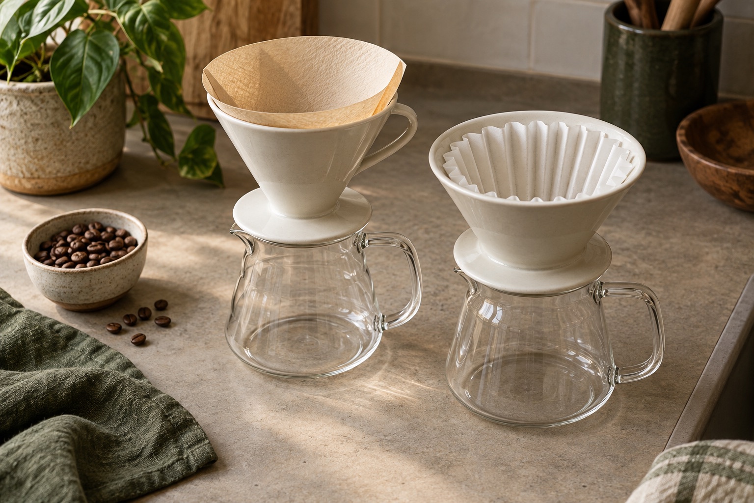 Paper-lined cone dripper alongside a flat-bottom dripper on glass servers.