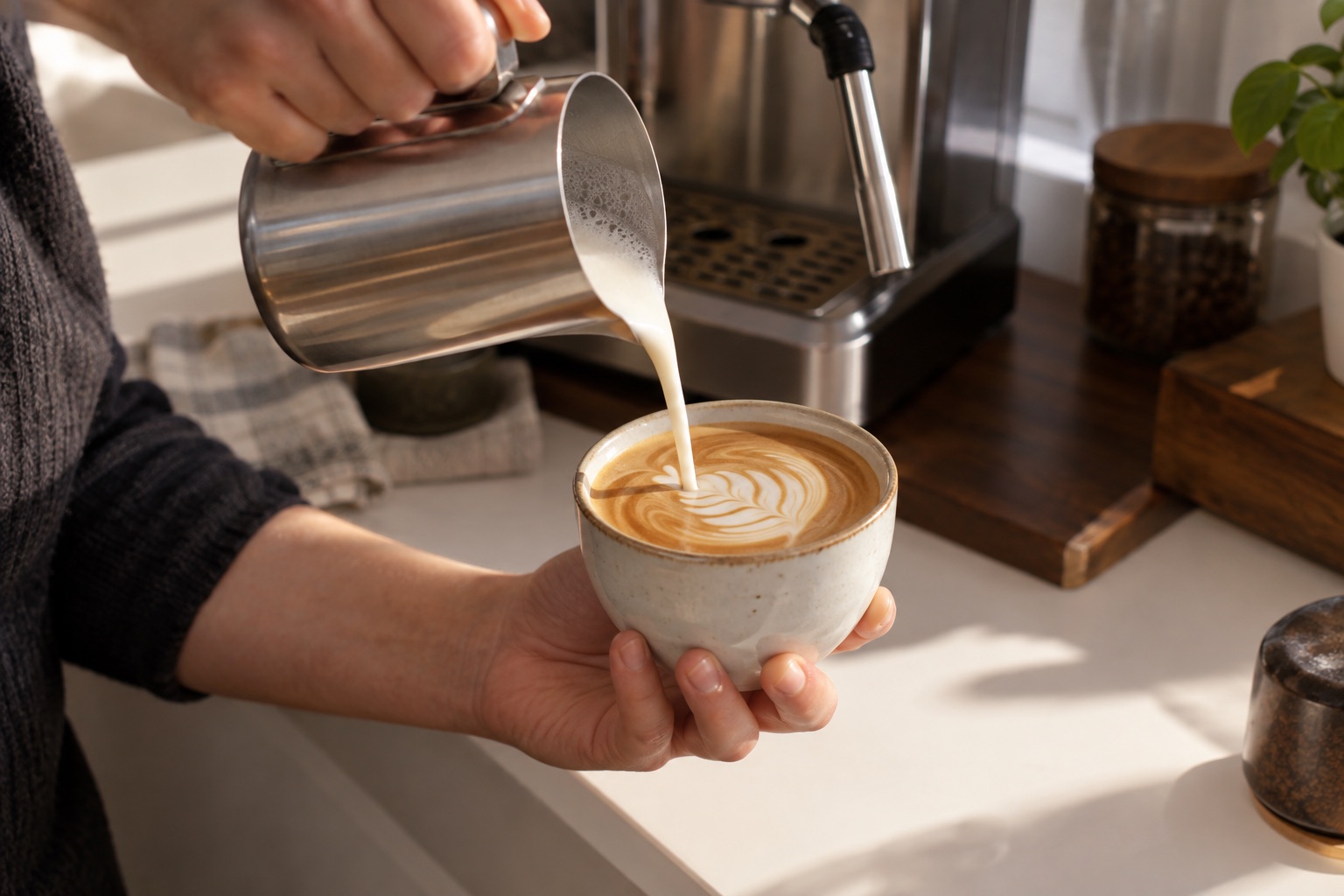 Oat milk being poured into a short coffee in a home kitchen.