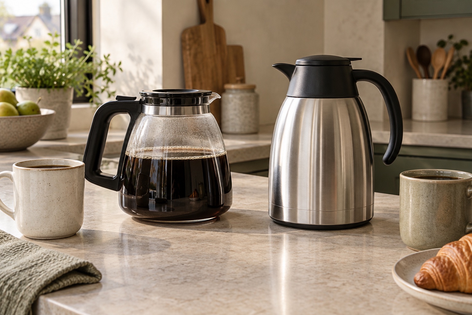 Glass coffee jug and insulated stainless-steel carafe side by side with mugs on a breakfast counter.
