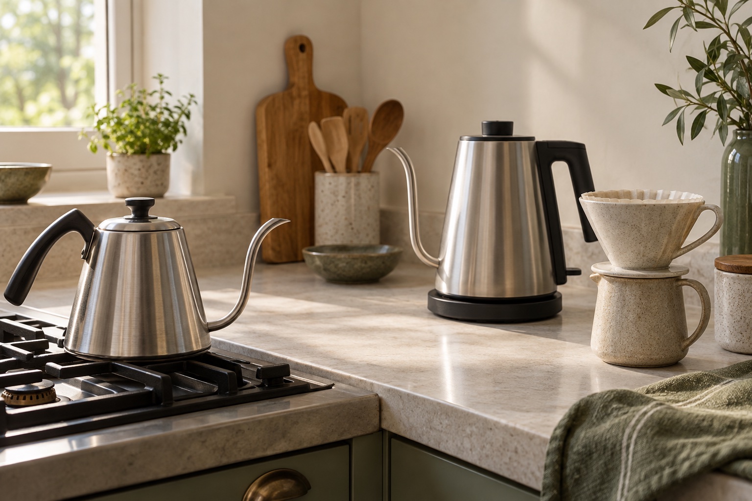 Stovetop and electric gooseneck kettles next to a plain ceramic pour-over dripper.
