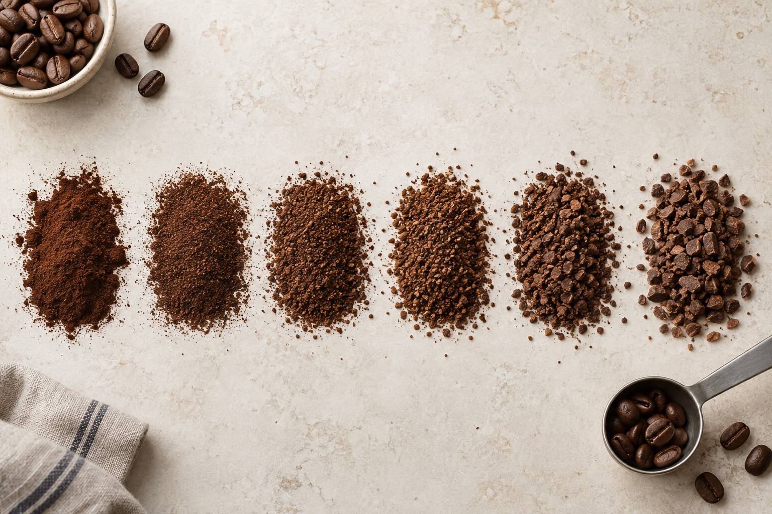 Six samples of ground coffee progressing visibly from very fine to coarse on a pale stone surface.