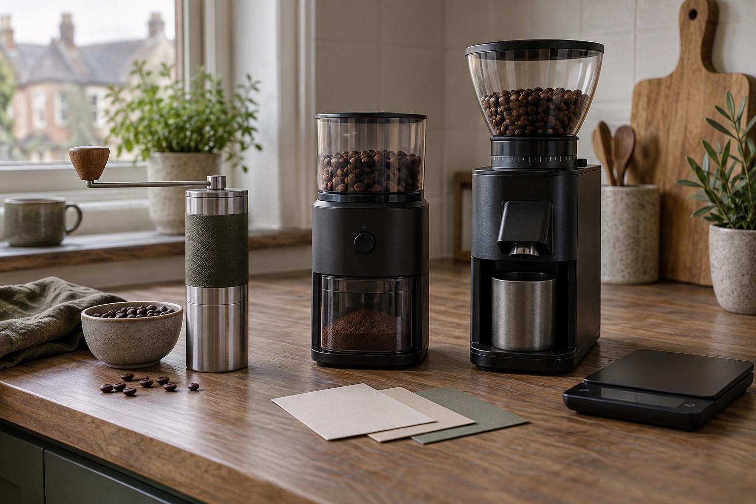 Manual, filter and espresso-style grinders arranged on a kitchen table with blank planning cards.